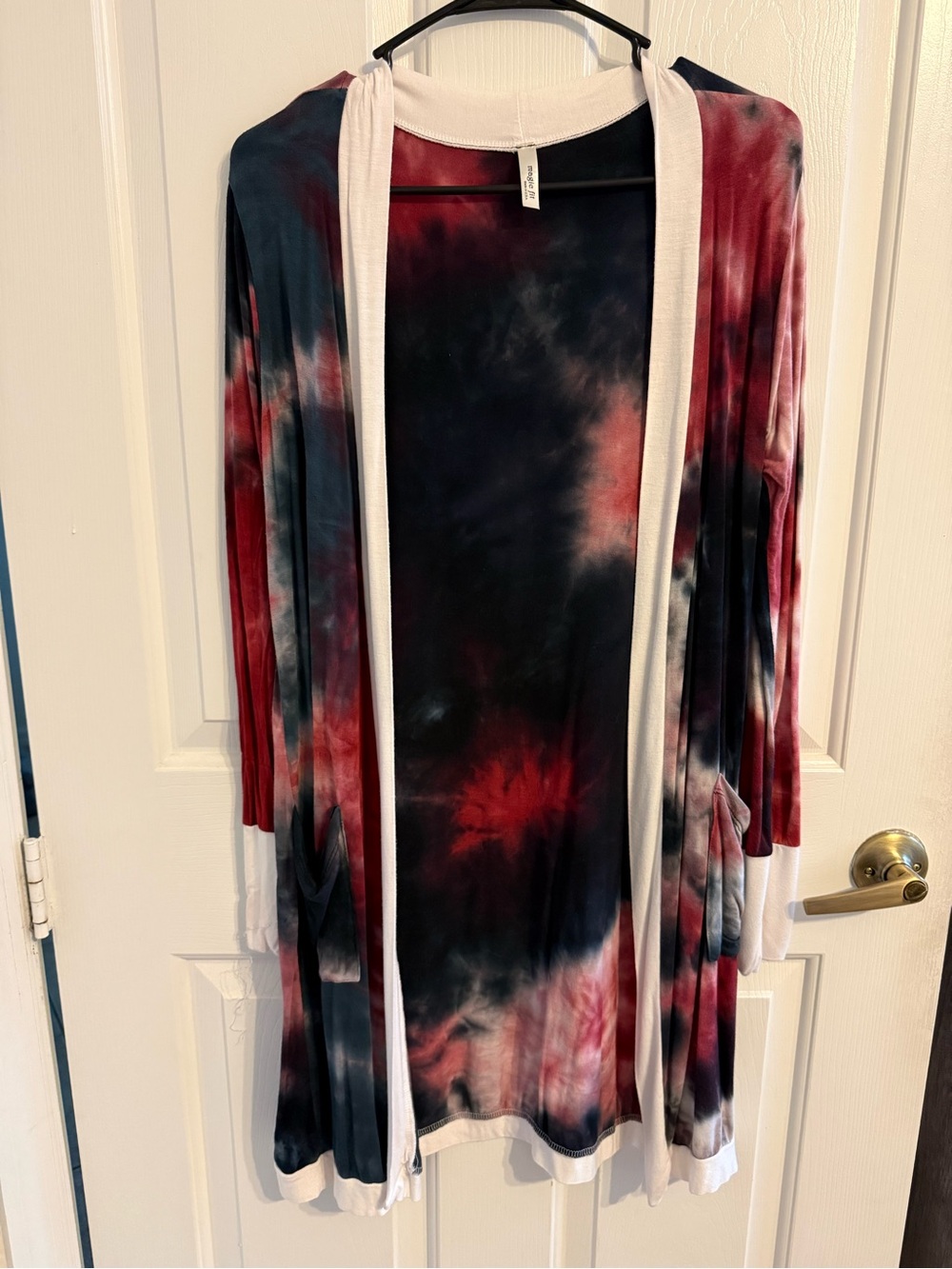 Magic Fit Tie-Dye Open Front Cardigan - Red, Navy & White Trim